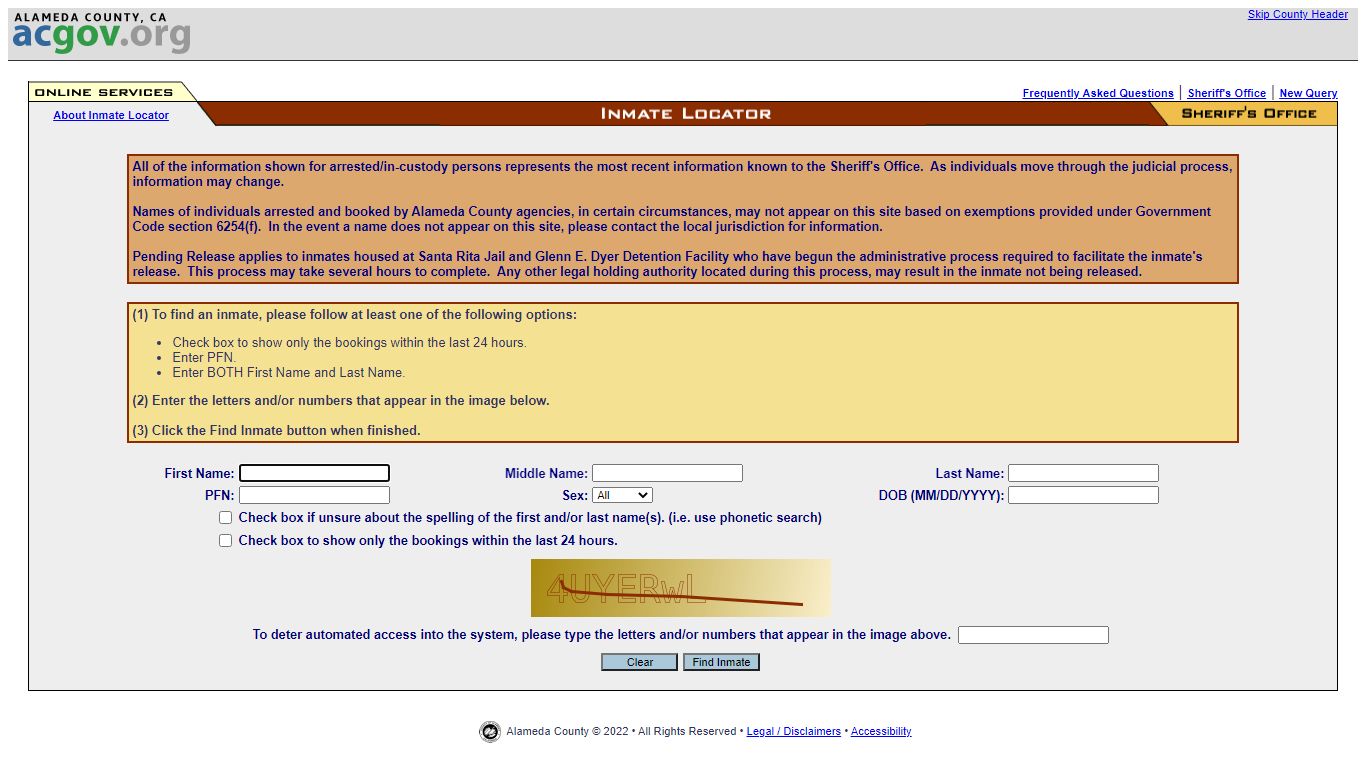 Inmate Locator - Alameda County, California