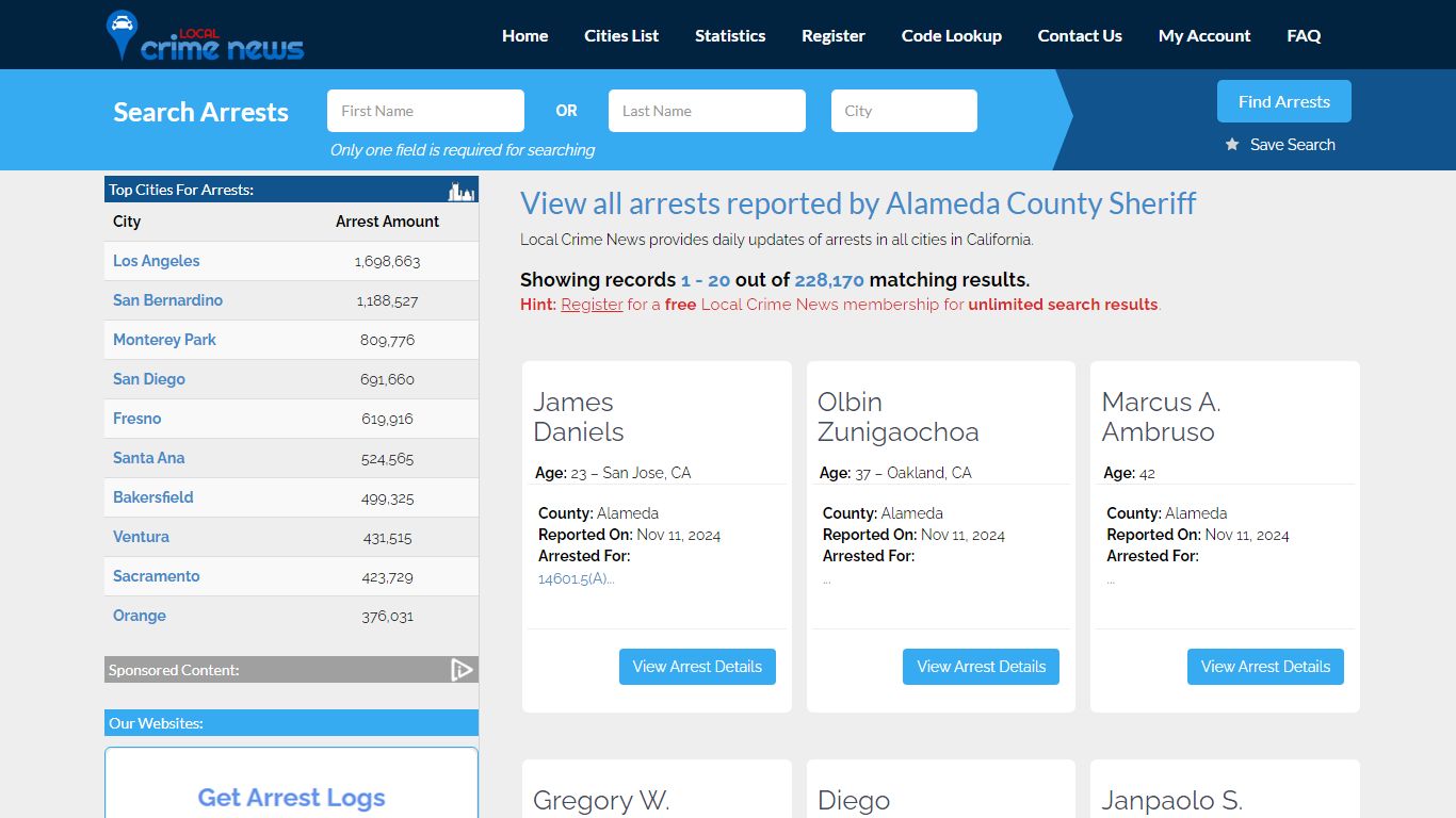 Arrests reported by Alameda County Sheriff | Local Crime News